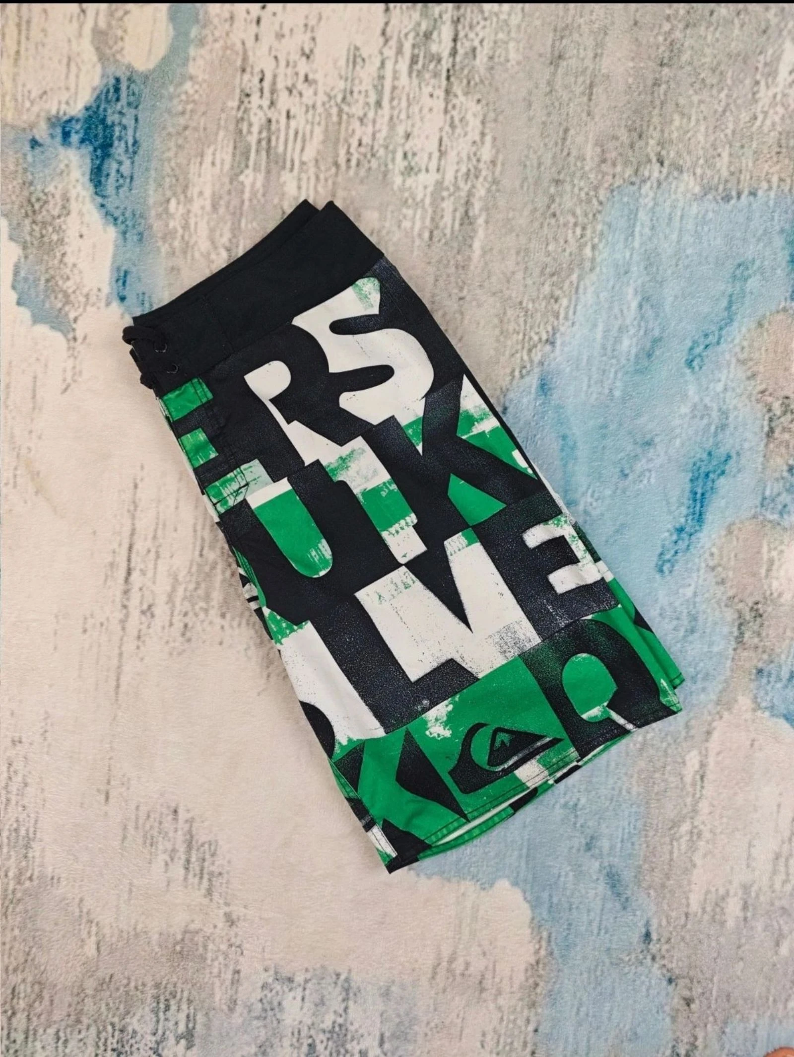 Quiksilver Boardshorts Verde Preto Branco Estampa Textual Y2K Surf Streetwear Tamanho M – photo 6